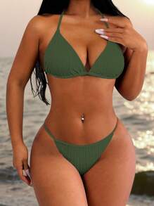 SHEIN Swim Women's Solid Color Halter Tie Sexy Bikini Swimsuit Set For Summer Beach Vacation - Green - View 3