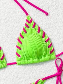 SHEIN Swim Women Neon Green Halter Tie Sexy Bikini Swimsuit Set, Summer Beach