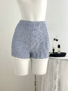 Elamini Quần legging nữ có miếng vá ren co giãn cao - Xanh và trắng - Xem 5