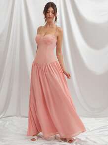 L'Amorae Rochie elegantă de vară cu imprimeu floral, plisată, cu fermoar la spate, de culoare uni - Roz - Vizualizare 4