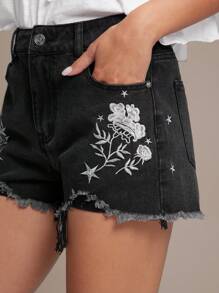 WESTFADE Hochtaillierte Country Western Denim Shorts mit floraler Stickerei an den Seiten und ausgefranstem Saum - Schwarz - Übersicht 2