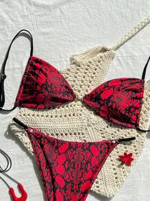 SHEIN 2 件女士蛇纹印花扣高开叉比基尼套装，海滩度假泳装 - 彩色 - 查看 4