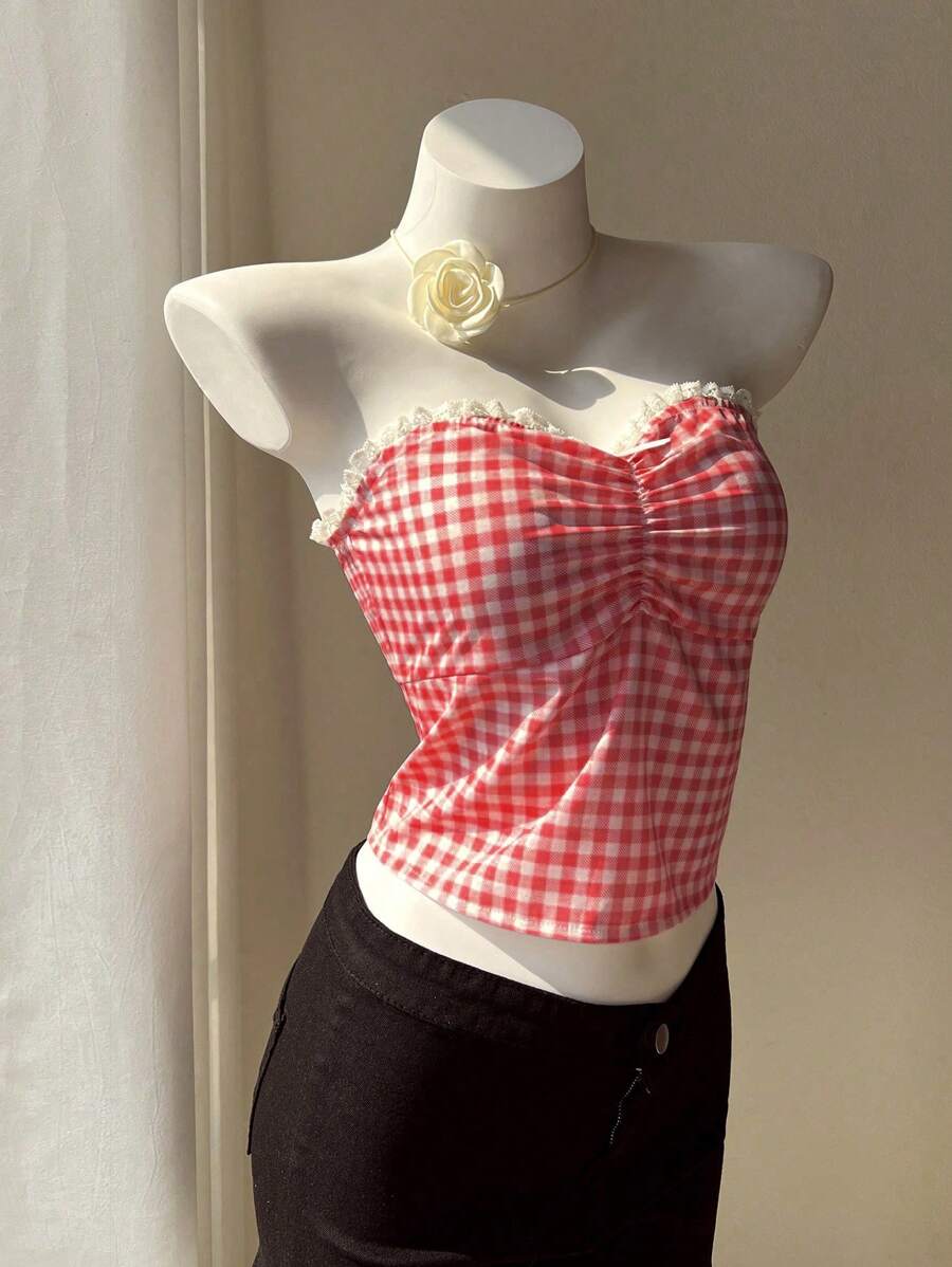 SHEIN Unity Women's Plaid Ruffle Strapless Backless Tie-Up Crop Top - Red - View 1