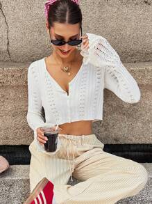 Chiquease Cardigan à manches longues avec boutons, simple et à la mode pour femmes - Blanc - Voir 5