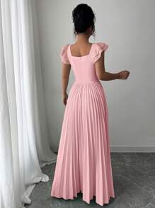 Elenzga Vestido elegante de mujer de cuello cuadrado drapeado de unicolor - Rosa - Ver 2