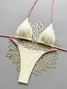 Swim Mod Women's New V-Neck Metal Decor Solid Color Halter Backless Triangle Bikini Two Pieces Swimsuit, Sexy Thong, Spring/Summer - Beige - View 3