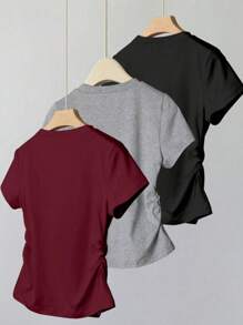 Plus Size Casual Solid Color Round Neck Short Sleeve T-Shirt, Summer - Burgundy - View 2