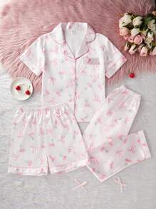 Conjunto de 3 piezas para niña preadolescente con estampado de cerezas y lazos - Cárdigan de manga corta con pantalones cortos y pantalones, estilo dulce, ropa informal y cómoda de vuelta a la escuela - Rosa - Ver 4