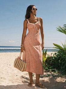 Easelle Romantic Ditsy Floral A-Line Cami Dress With Waist Cincher, For Holiday And Outdoor - Multicolor - View 4