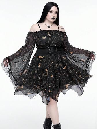 Große Größen Gothic Stern, Mond & Sonne Muster Off-Shoulder Kleid mit Glockenärmeln, asymmetrischem Saum und Tunnelzug in der Taille, Halloween