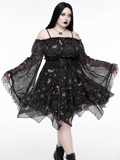 Goth Vestido de talla grande con estampado gótico de estrellas, luna y sol, con hombros descubiertos, mangas acampanadas, bajo asimétrico, cintura con cordón, para Halloween