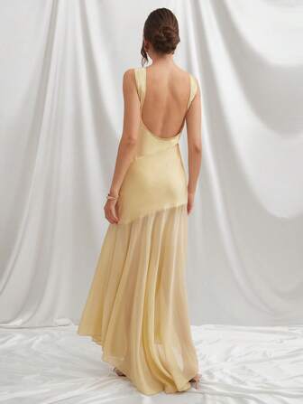 L'Amorae 优雅奶油黄色缎面雪纺低背不对称接缝细节船领正式长裙，女士毕业礼服，女士夏季服装，女士婚礼宾客礼服