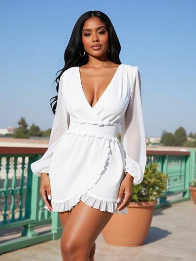 LUNA B White Chiffon V-Neck Wrap Ruched Belt Long Sleeves Ruched Waist Elegant Mini Dress Spring Summer Resort Dress Boho Dress Women Easter Dress Vacation Outfits Women Resort Wear Resort Dresses For Women Resort Wear For Women Women Summer Set