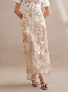 Anewsta Elegant & Fashionable Sequins Embroidered Floral Mini Skirt, Spring/Summer - Apricot - View 5