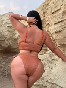 Swim Lushoire 大码纯色金属装饰细肩带比基尼套装