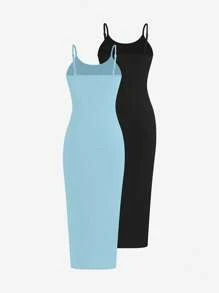 SHEIN Unity 纯色修身日常穿着细肩带连衣裙长款女装 - 彩色 - 查看 2