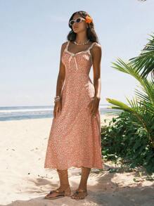 Easelle Romantic Ditsy Floral A-Line Cami Dress With Waist Cincher, For Holiday And Outdoor - Multicolor - View 6