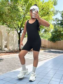 SHEIN Tween Girls Cross Strap Decor Sleeveless Jumpsuit - Black - View 9