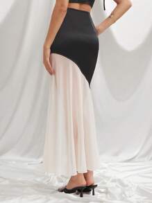 L'Amorae Elegant Colorblock White/Black Satin Chiffon Asymmetric Flowy Formal Skirt, Brunch, Summer, Wedding Guest Skirt - Black and White - View 5