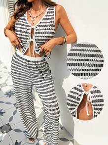 SHEIN VCAY 2 Pieces Women Summer Vacation Ribbed Knit Sleeveless Crop Top & High Waisted Straight Leg Pants Set, Graphic Print Summer Outfits For Women, Vacation Outfits Woman, Boho Chic, Beach Outfits For Woman, Casual Woman Flowy Boho Women's Clothing, Tropical Outfits Women, Graduation Outfit