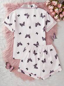 2pcs Youth Girls Cherry Blossom & Bow Print Turndown Collar Cardigan Short Sleeve Top & Shorts Casual Homewear Set - Pink - View 2
