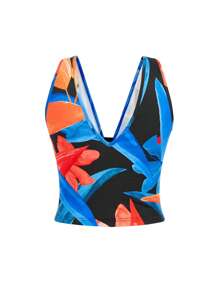 LUNA B Floral V Neck Black Bow Sleeveless Crop Top Women Summer Vacation Holiday Beach