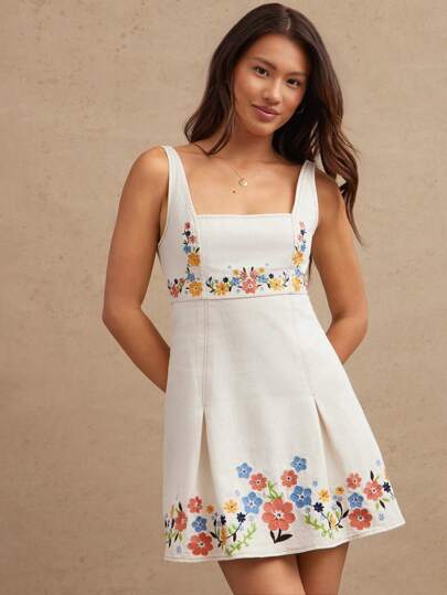WESTFADE 100% 纯棉斜纹西部乡村西部花卉刺绣方领修身喇叭形无袖牛仔迷你连衣裙