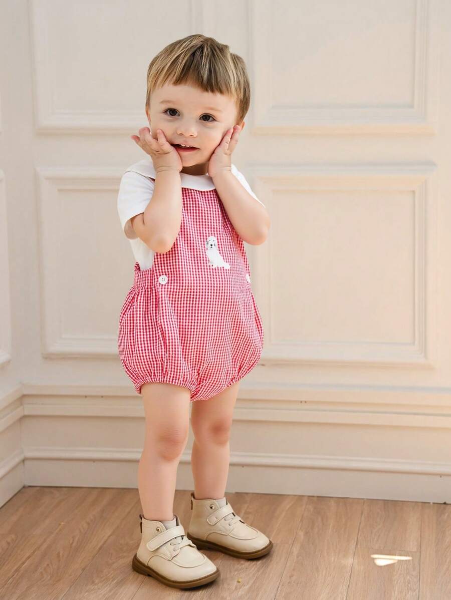 SHEIN Body casual vintage à carreaux avec col claudine pour bébé garçon, manches courtes polyvalentes - Multicolore - Voir 1
