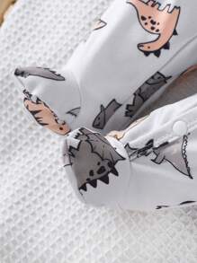 SHEIN 新生儿米色可爱恐龙全身印花长袖连脚睡衣套装（含帽子和手套） - 淺灰色 - 查看 4