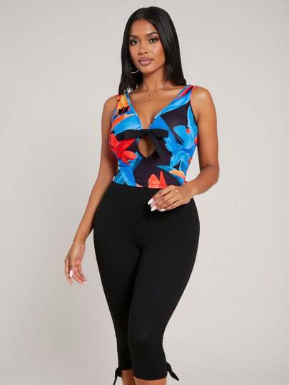 LUNA B Floral V Neck Black Bow Sleeveless Crop Top Women Summer Vacation Holiday Beach