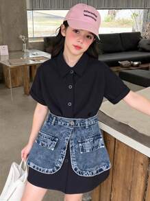 SHEIN 女孩夏季新款简约领衬衫、宽松短袖连衣裙和高腰牛仔裙 2 件套、时尚度假服装