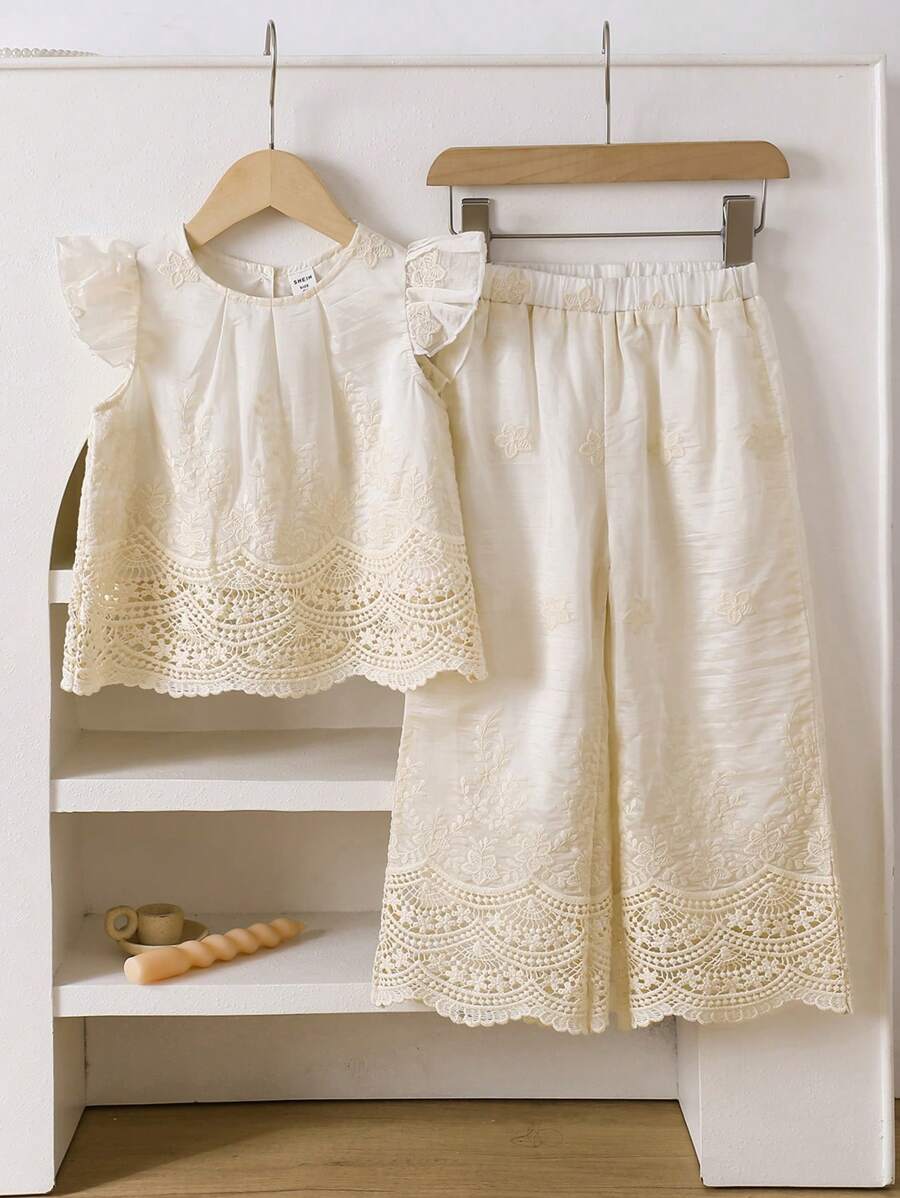 SHEIN 2pcs/Set Young Girl Vacation Casual Solid Embroidery Blouse And Pants Set - White - View 1
