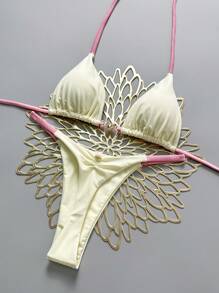 Swim Mod Women's New V-Neck Metal Decor Solid Color Halter Backless Triangle Bikini Two Pieces Swimsuit, Sexy Thong, Spring/Summer - Beige - View 1