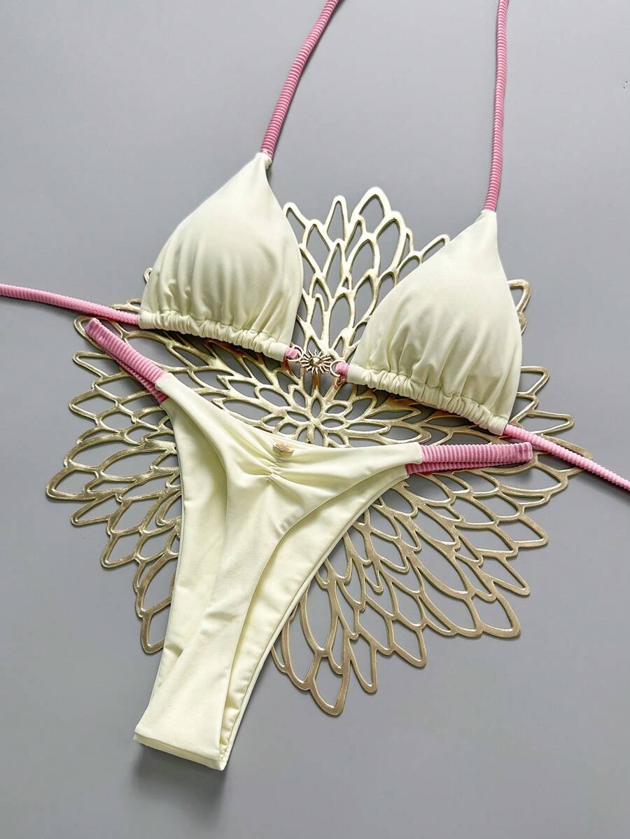 Swim Mod Women's New V-Neck Metal Decor Solid Color Halter Backless Triangle Bikini Two Pieces Swimsuit, Sexy Thong, Spring/Summer - Beige - View 1
