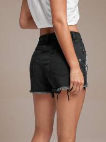 WESTFADE Hochtaillierte Country Western Denim Shorts mit floraler Stickerei an den Seiten und ausgefranstem Saum - Schwarz - Übersicht 5