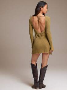 WESTFADE Summer Boat Neck Relaxed Fit Lettuce Edge Cute Bow Tie Backless Long Sleeve Western Cowgirl Open Knit Sweater Mini Dress Boho Festival Nashville Rodeo Outfit - Brown - View 1
