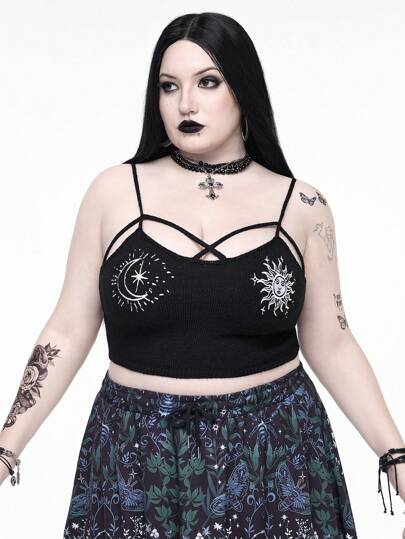 Goth Blusa holgada de punto de estilo bohemio talla grande con bordado de plantas gótico para vacaciones