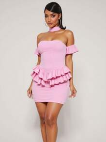 LUNA B Pink Off Shoulder Halter Neck Ruffles Mini Dress For Women Cute Summer Holiday - Pink - View 1