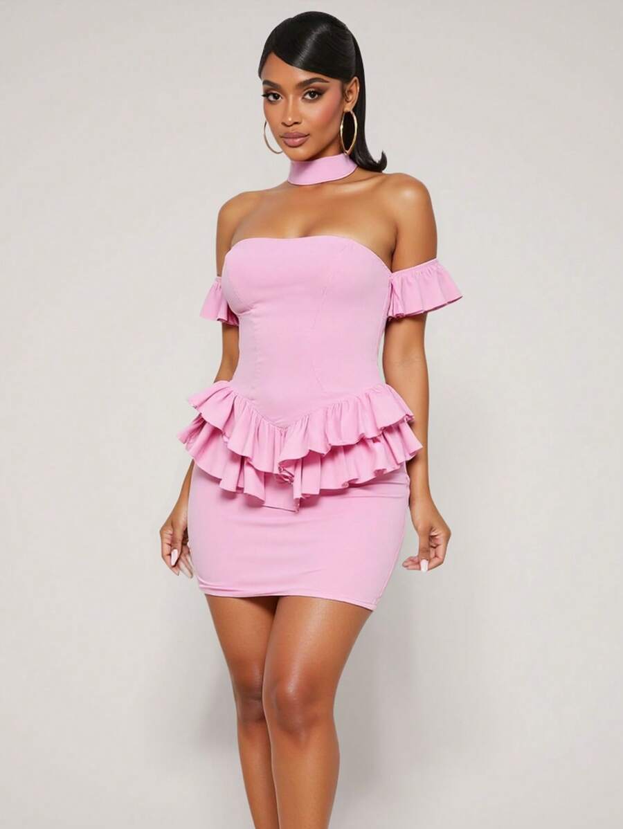LUNA B Pink Off Shoulder Halter Neck Ruffles Mini Dress For Women Cute Summer Holiday - Pink - View 1