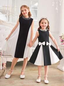 SHEIN Leap Crew Young Girl Class Blak & White Color Block Neck Pearls Decor Elegant Bowknot Decor Sleeveless Midi A-Line Dress, Cake Dress, Flower Girl, Cute & Elegant & Sweet & Vintage & Fashionable. Mom And Daughter & Sisters Matching, Family Vacation, Daily Wear, Home Family Gatherings And Special Occasions, Sibling Outfits, Gorgeous Princess, Party Wear, For Birthdays, Spring/Summer. - Black and White - View 10