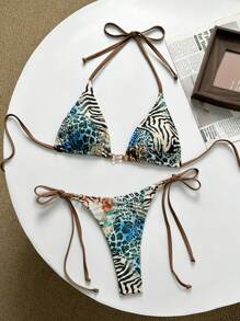 Swim Vcay 随机蛇皮印花三角形无钢圈上身和侧系带丁字裤比基尼套装，女士夏季海滩度假泳装 - 彩色 - 查看 4