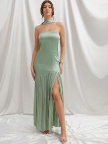 L'Amorae 无袖开衩连衣裙，优雅夏日 - 綠色 - 查看 3