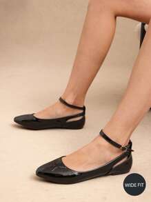 SHUZIA 宽版女式尖头平底鞋，优雅踝带平底鞋 - 黑色 - 查看 2