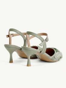 CUCCOO CHICEST 蕾丝网绿色尖头细高跟鞋，女式婚礼派对高跟鞋，露背设计