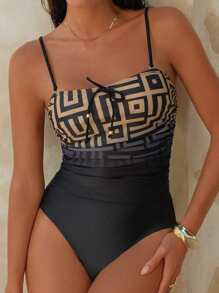 Swim Chiccia 2pcs/Set New Spring/Summer Detachable Strap Ruched Top & Black Triangle Bottoms Casual Holiday Party Women Vest Strap Bikini Swimsuit Beach Wear Set - Multicolor - View 6