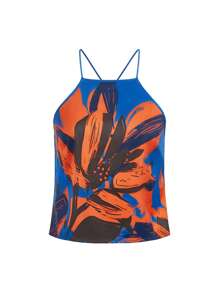 Armand Blue Summer Vacation Women Floral Flower Printed Satin Cross Spaghetti Straps Top - Blue - View 5