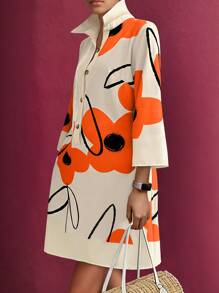 Weeklong Plus Size Floral Print Front Button Vacation Casual Dress Fall - Multicolor - View 3