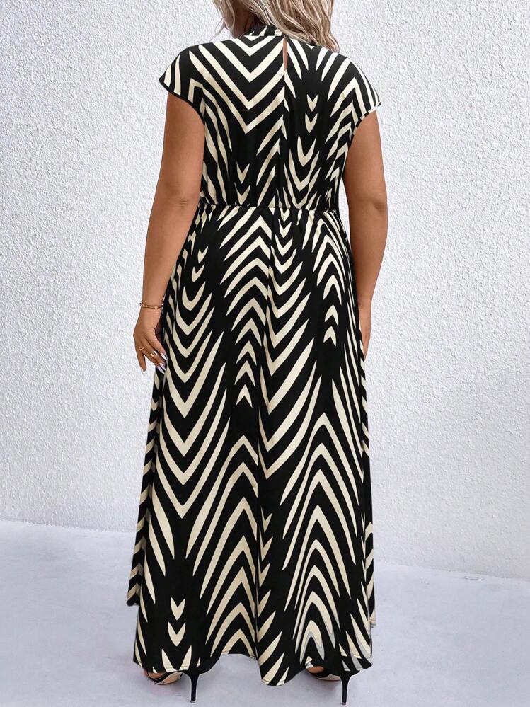 Rometta Plus Polka Dot Print Mock Neck Dress Maxi Women Outfit - Black - View 2