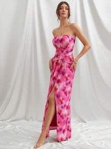 L'Amorae Elegant Strapless Ruched Wrap Detail Flowy Formal Maxi Dress, Summer Outfits For Women, Wedding Guest Dress For Women - Red - View 5