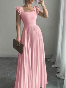 Elenzga Vestido elegante de mujer de cuello cuadrado drapeado de unicolor - Rosa - Ver 3